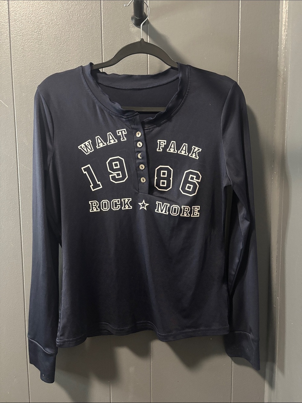 Navy Graphic Henley Long Sleeve Top - 1986 Rock Y2K